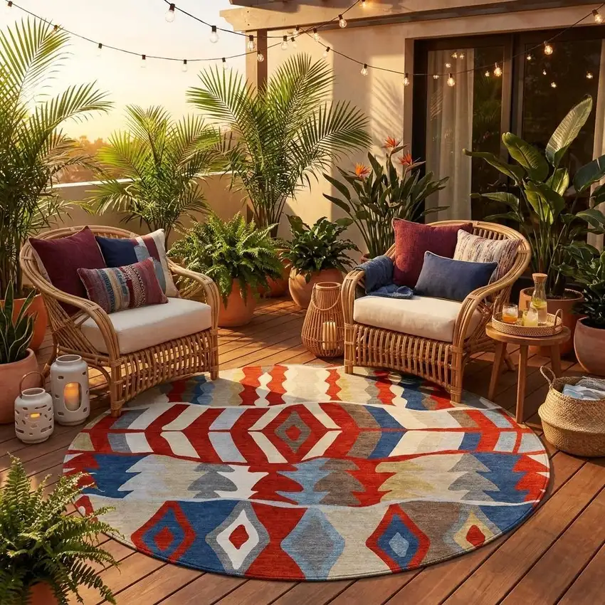 8' Red And Beige Round Geometric Washable Indoor Outdoor Area Rug Photo 1