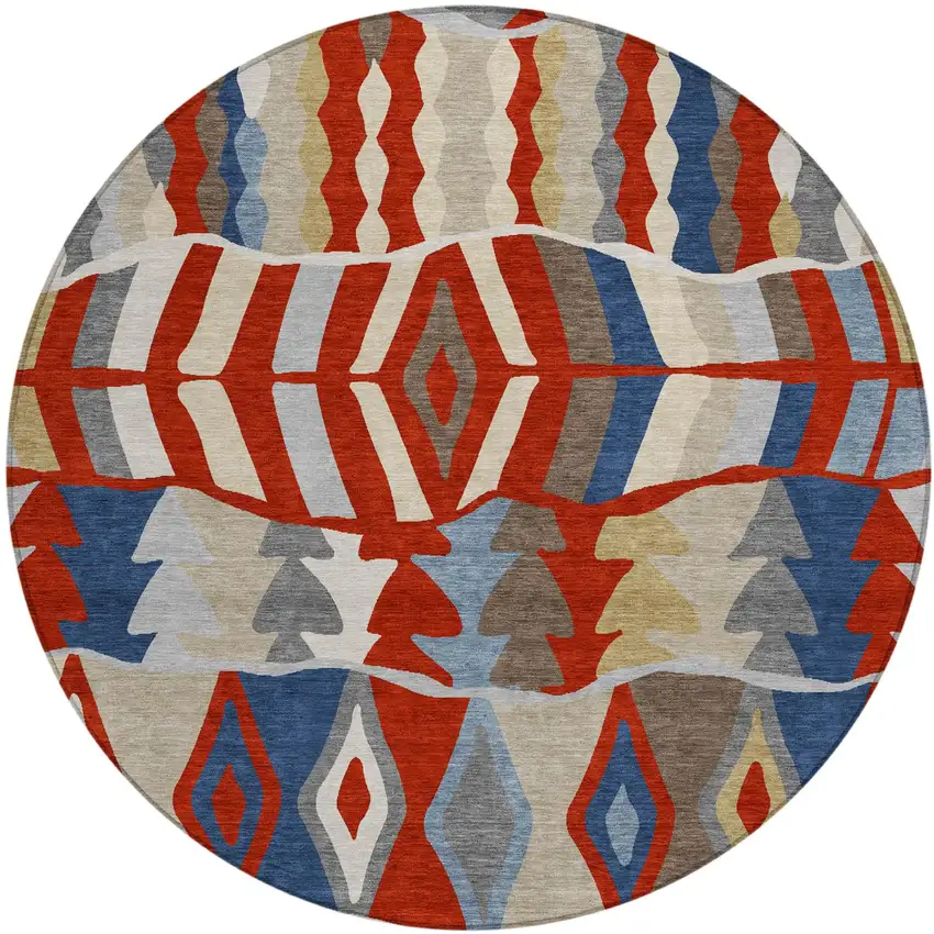 8' Red And Beige Round Geometric Washable Indoor Outdoor Area Rug Photo 2
