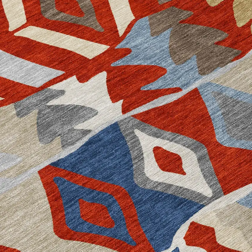 8' Red And Beige Round Geometric Washable Indoor Outdoor Area Rug Photo 4