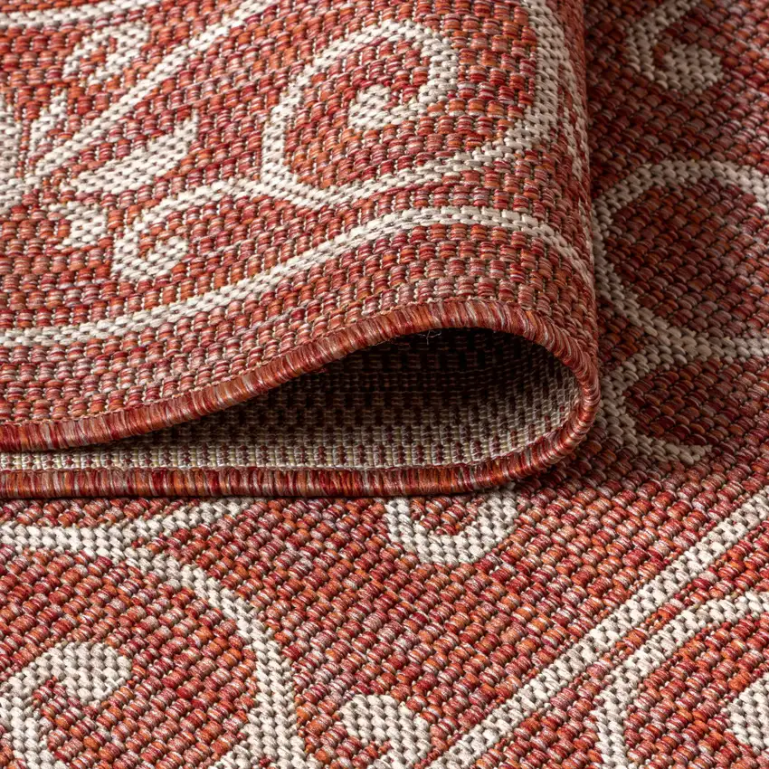 6' Red And Beige Round Medallion Indoor Outdoor Area Rug Photo 8