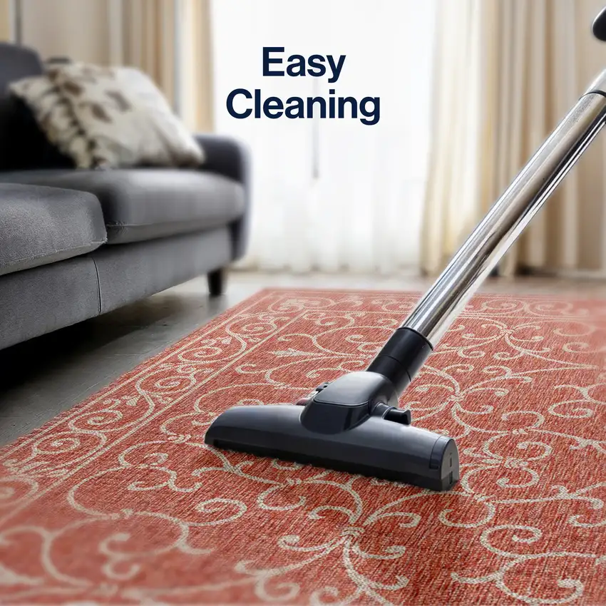 6' Red And Beige Round Medallion Indoor Outdoor Area Rug Photo 5