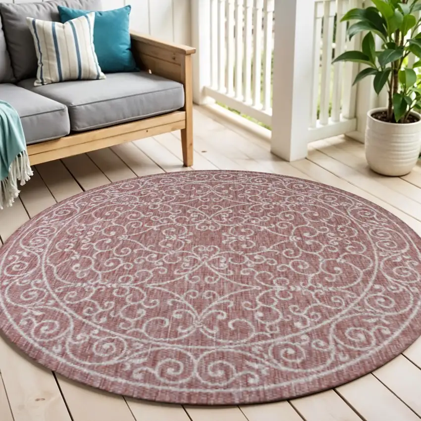 6' Red And Beige Round Medallion Indoor Outdoor Area Rug Photo 1
