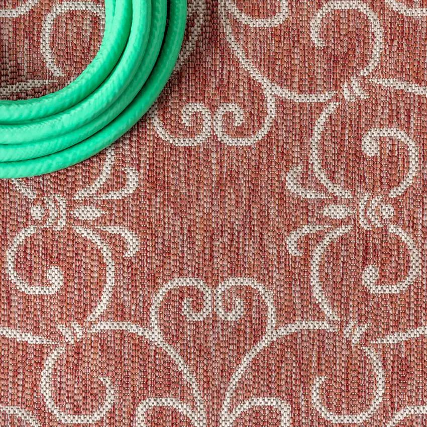 6' Red And Beige Round Medallion Indoor Outdoor Area Rug Photo 7