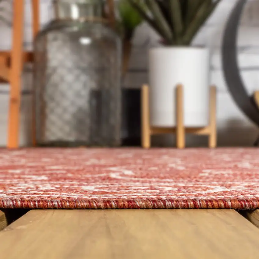 9' Red And Beige Round Medallion Indoor Outdoor Area Rug Photo 6