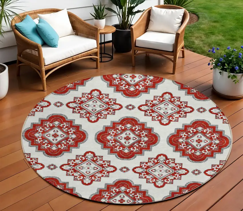 8' Red And Beige Round Medallion Washable Indoor Outdoor Area Rug Photo 1