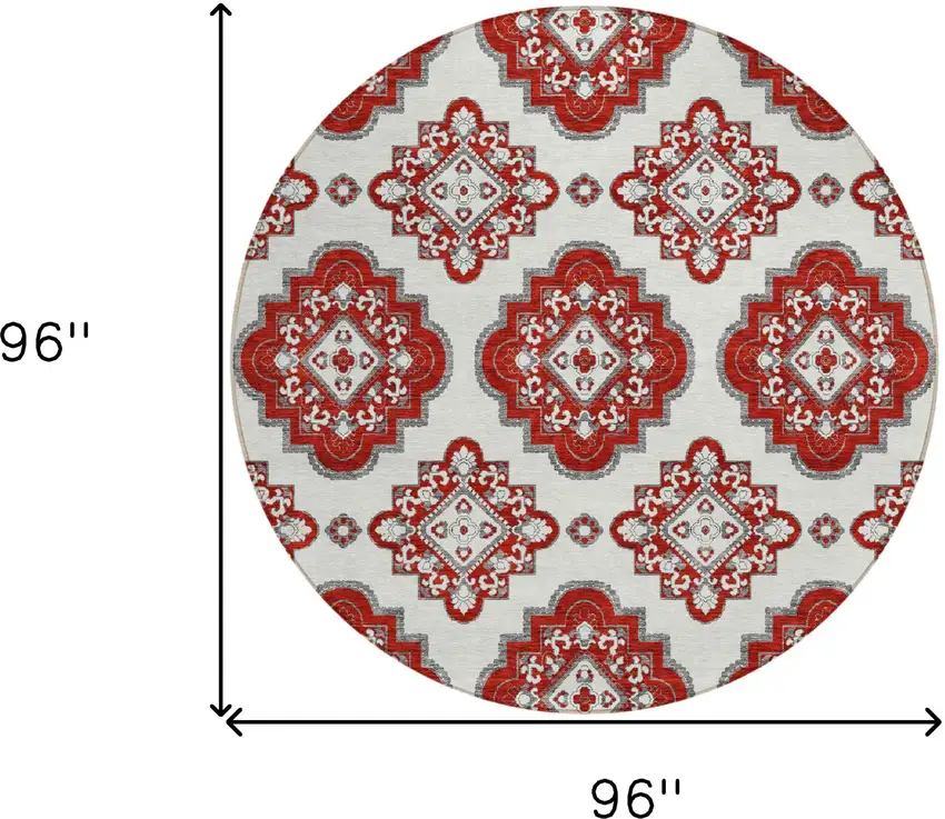 8' Red And Beige Round Medallion Washable Indoor Outdoor Area Rug Photo 3