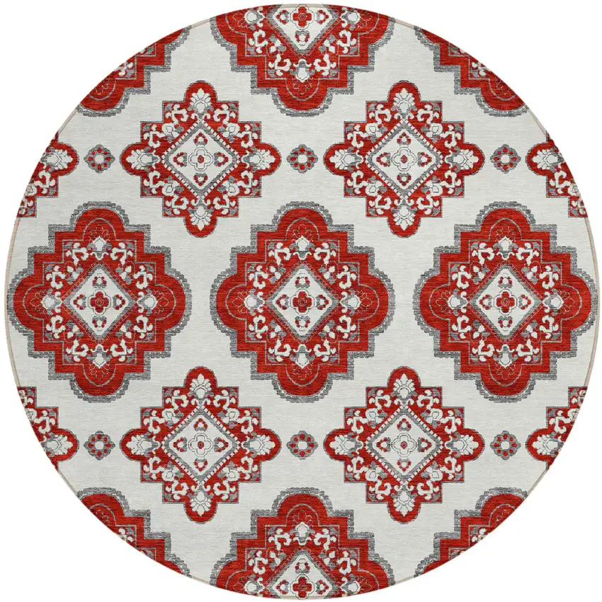 8' Red And Beige Round Medallion Washable Indoor Outdoor Area Rug Photo 2