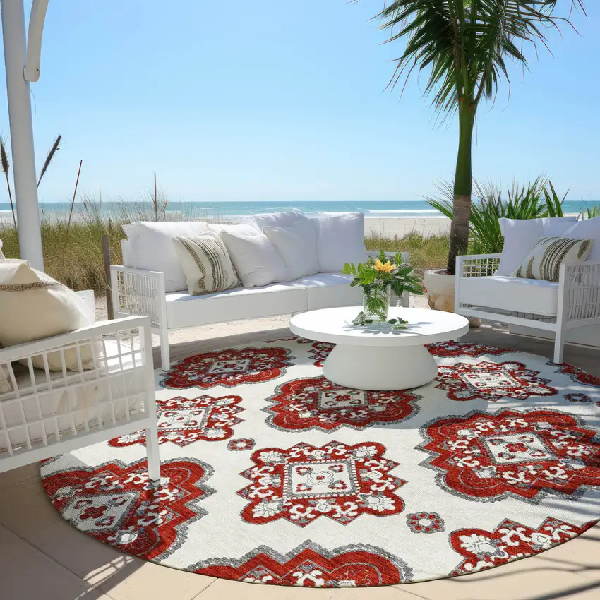 8' Red And Beige Round Medallion Washable Indoor Outdoor Area Rug Photo 7