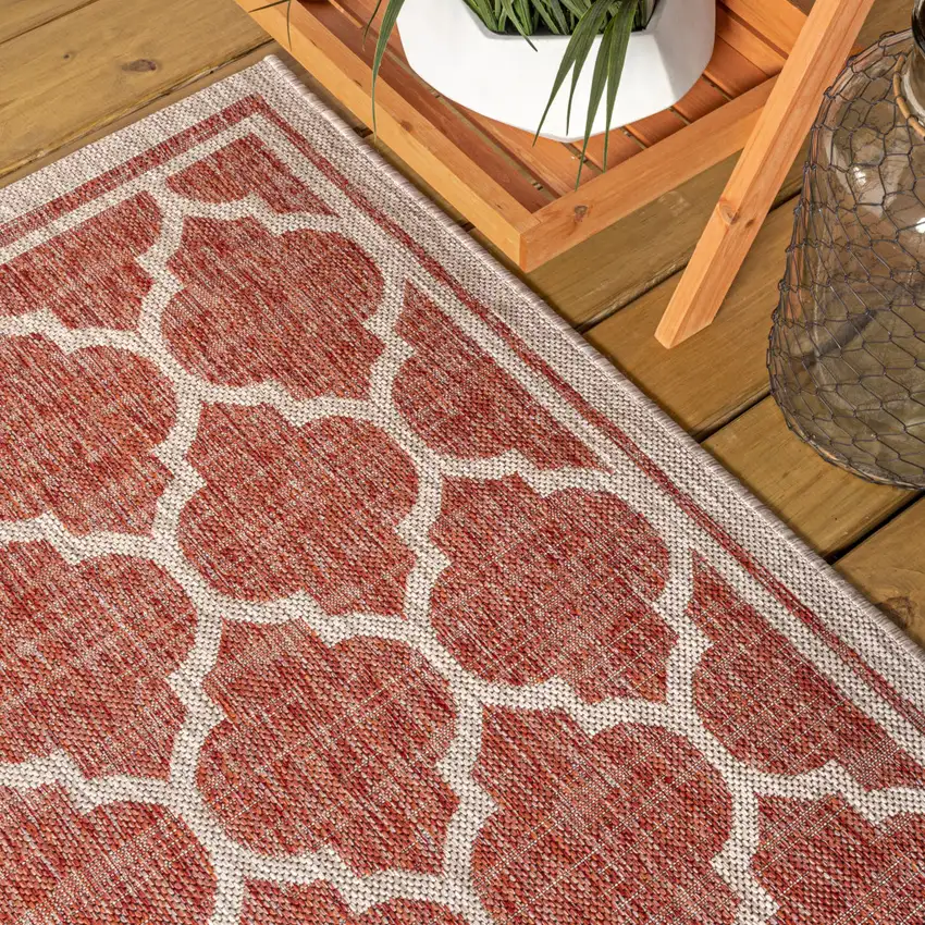 3' Red And Beige Square Geometric Indoor Outdoor Area Rug Photo 6