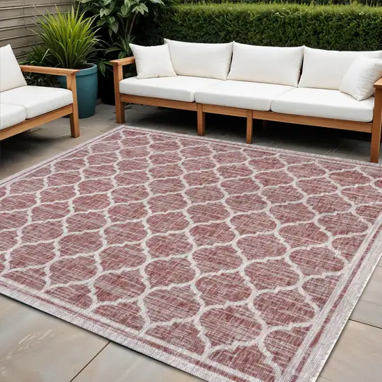 3' Red And Beige Square Geometric Indoor Outdoor Area Rug Photo 1