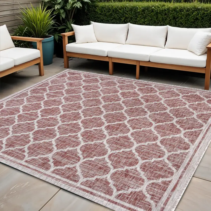 3' Red And Beige Square Geometric Indoor Outdoor Area Rug Photo 1