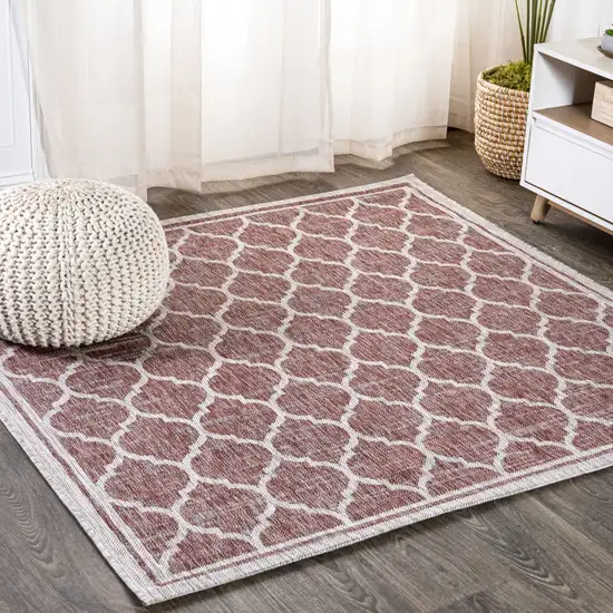 6' Red And Beige Square Geometric Indoor Outdoor Area Rug Photo 4