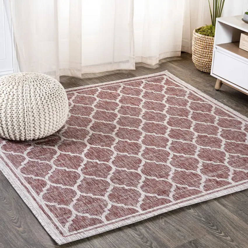 9' Red And Beige Square Geometric Indoor Outdoor Area Rug Photo 4