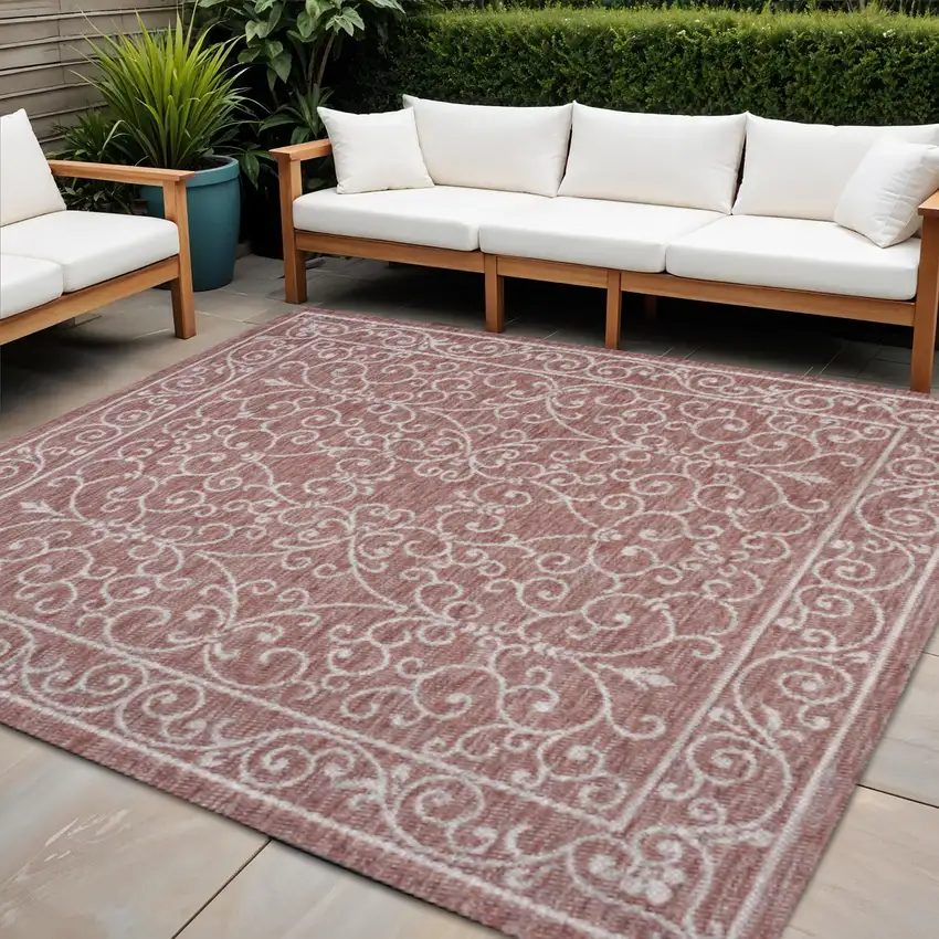 4' Red And Beige Square Medallion Indoor Outdoor Area Rug Photo 1