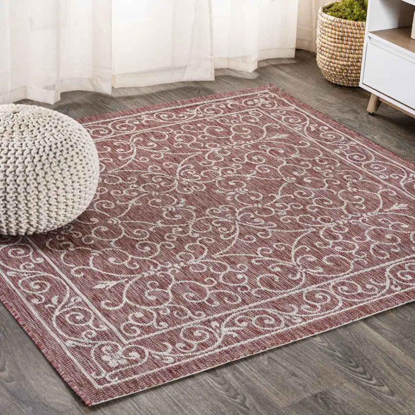 6' Red And Beige Square Medallion Indoor Outdoor Area Rug Photo 4