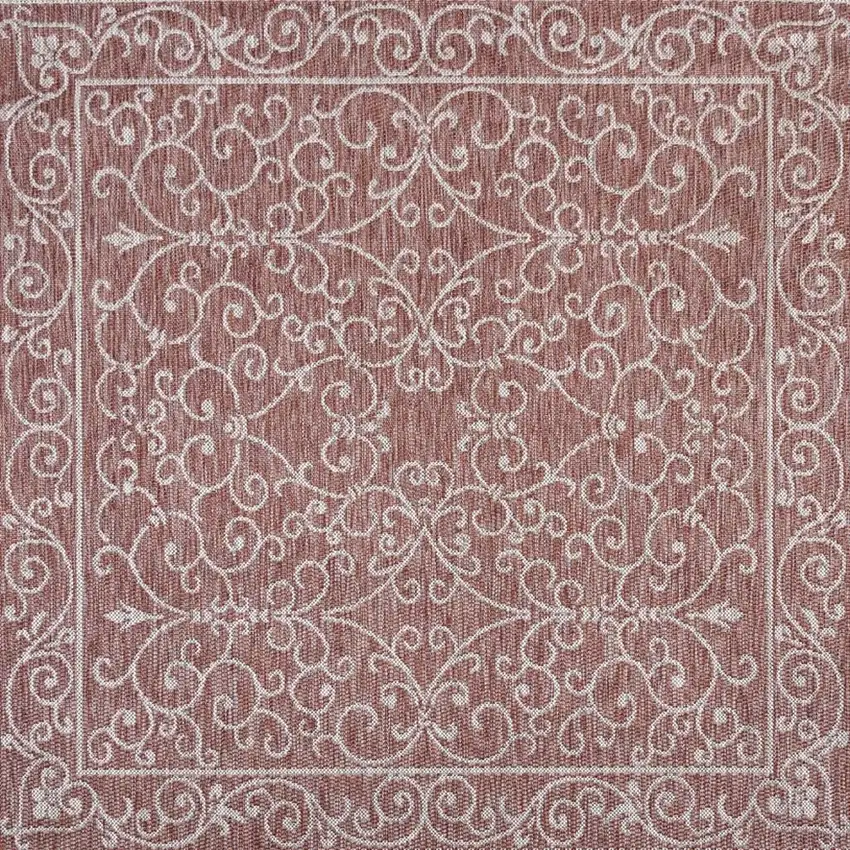 8' Red And Beige Square Medallion Indoor Outdoor Area Rug Photo 2