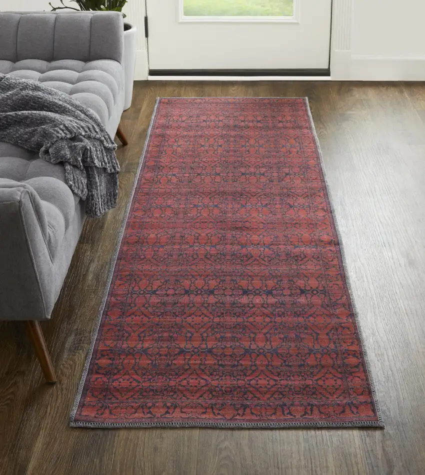 8' Red And Black Floral Power Loom Runner Rug Photo 2
