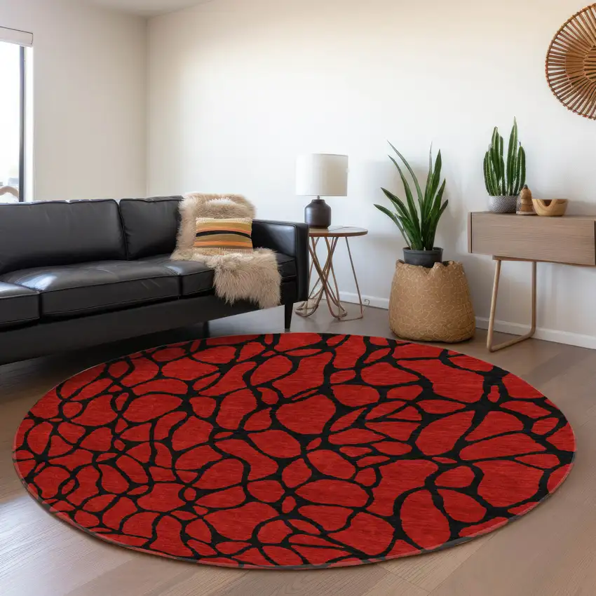 8' Red And Black Geometric Washable Round Rug With UV Protection Photo 4
