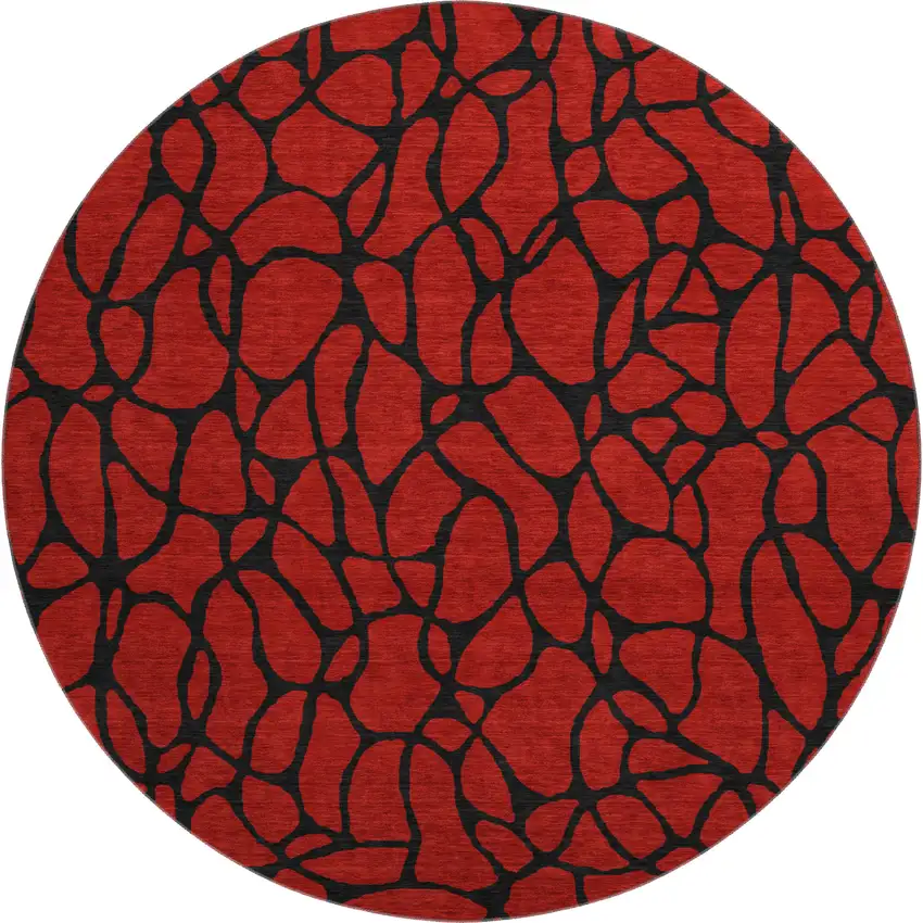 8' Red And Black Geometric Washable Round Rug With UV Protection Photo 1