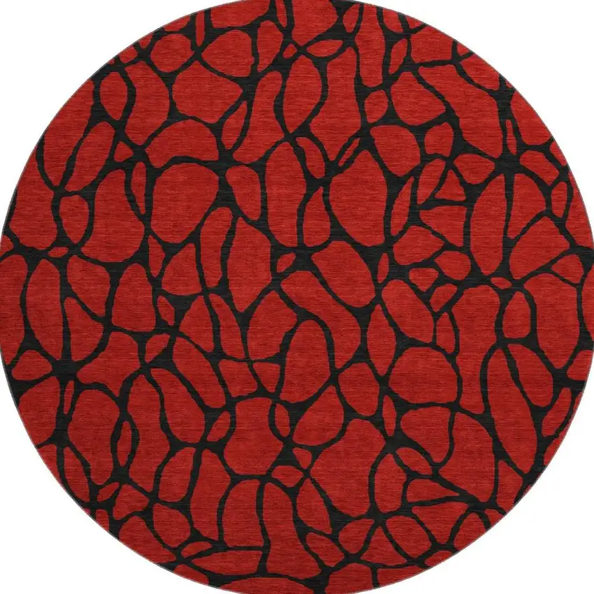 8' Red And Black Geometric Washable Round Rug With UV Protection Photo 2