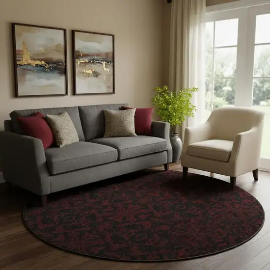 8' Red And Black Medallion Washable Round Rug With UV Protection Photo 1