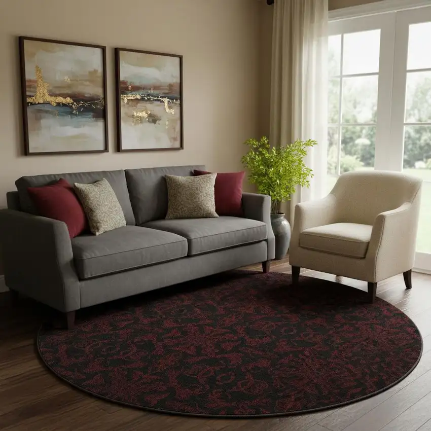 8' Red And Black Medallion Washable Round Rug With UV Protection Photo 1