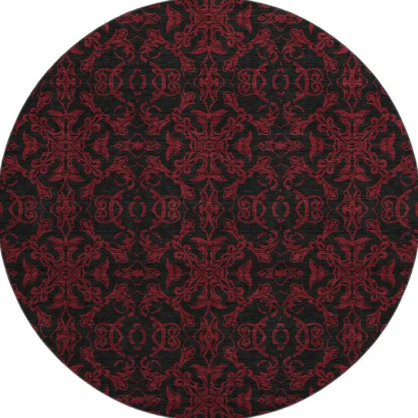 8' Red And Black Medallion Washable Round Rug With UV Protection Photo 4