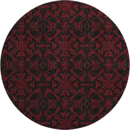 8' Red And Black Medallion Washable Round Rug With UV Protection Photo 1