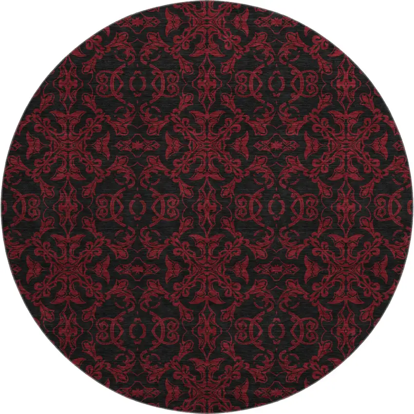 8' Red And Black Medallion Washable Round Rug With UV Protection Photo 1