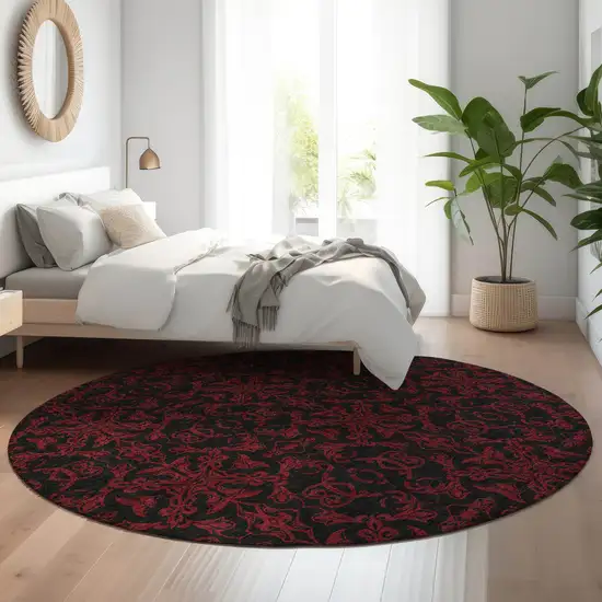8' Red And Black Medallion Washable Round Rug With UV Protection Photo 5