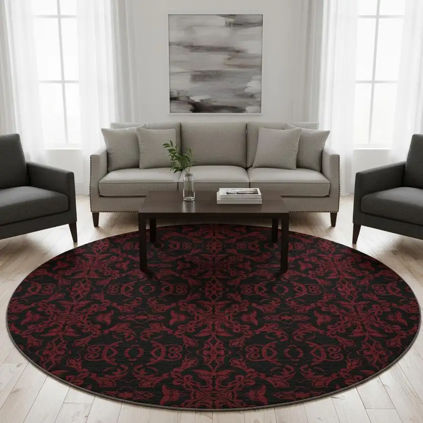 8' Red And Black Medallion Washable Round Rug With UV Protection Photo 2