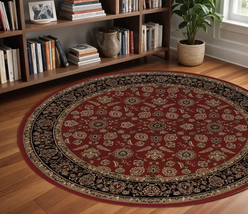 8' Red And Black Oriental Round Rug Photo 1