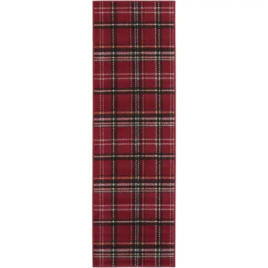 8' Red And Black Plaid Runner Rug Photo 3
