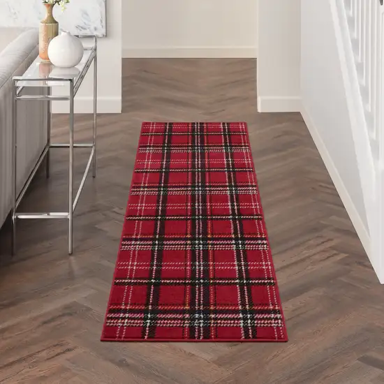 8' Red And Black Plaid Runner Rug Photo 4