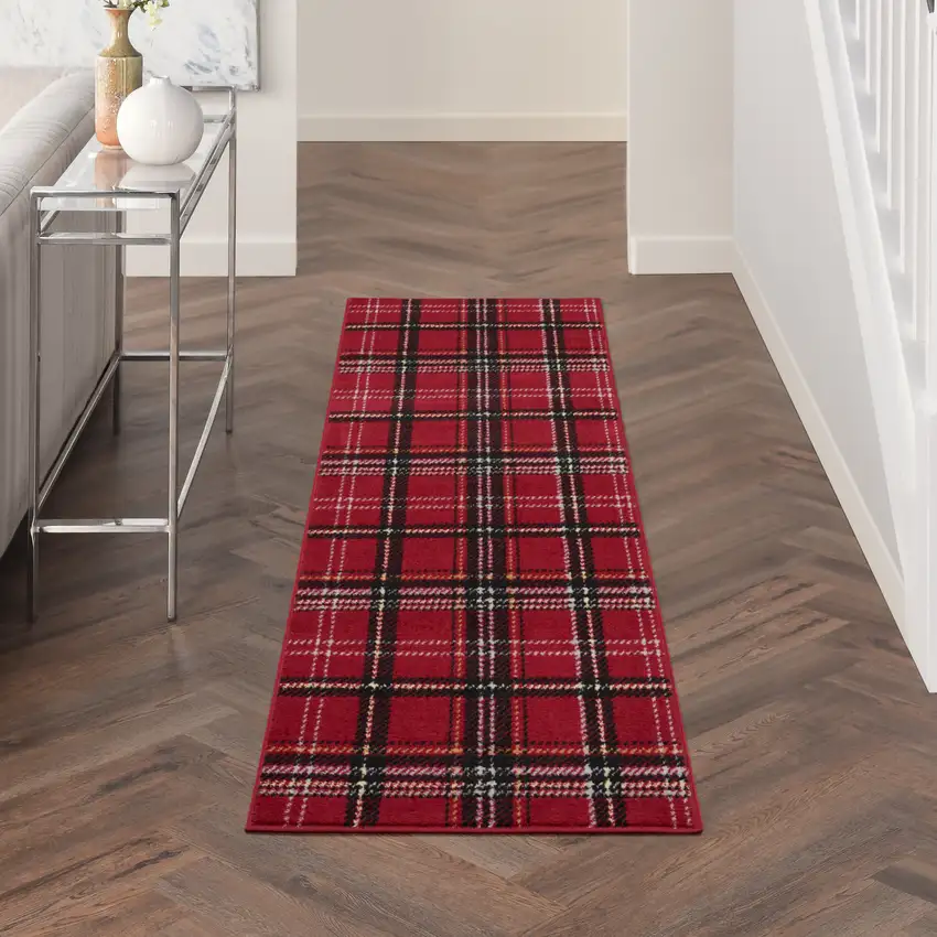 8' Red And Black Plaid Runner Rug Photo 4