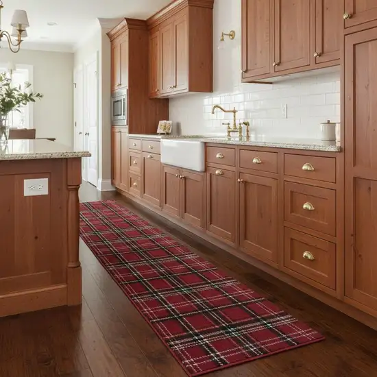 8' Red And Black Plaid Runner Rug Photo 1