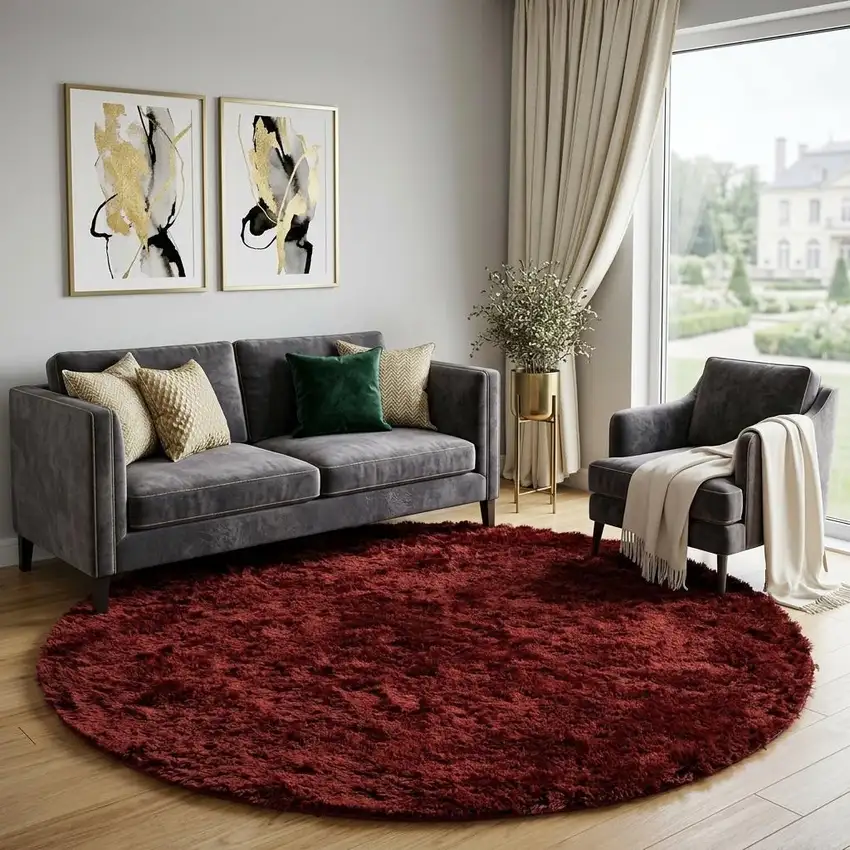 8' Red And Black Shag Hand Tufted Round Rug Photo 1