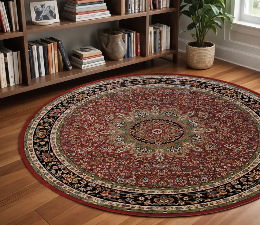 8' Red And Blue Oriental Round Rug Photo 1