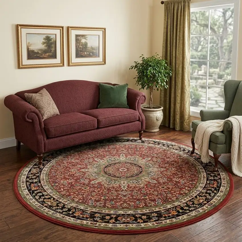 8' Red And Blue Oriental Round Rug Photo 1