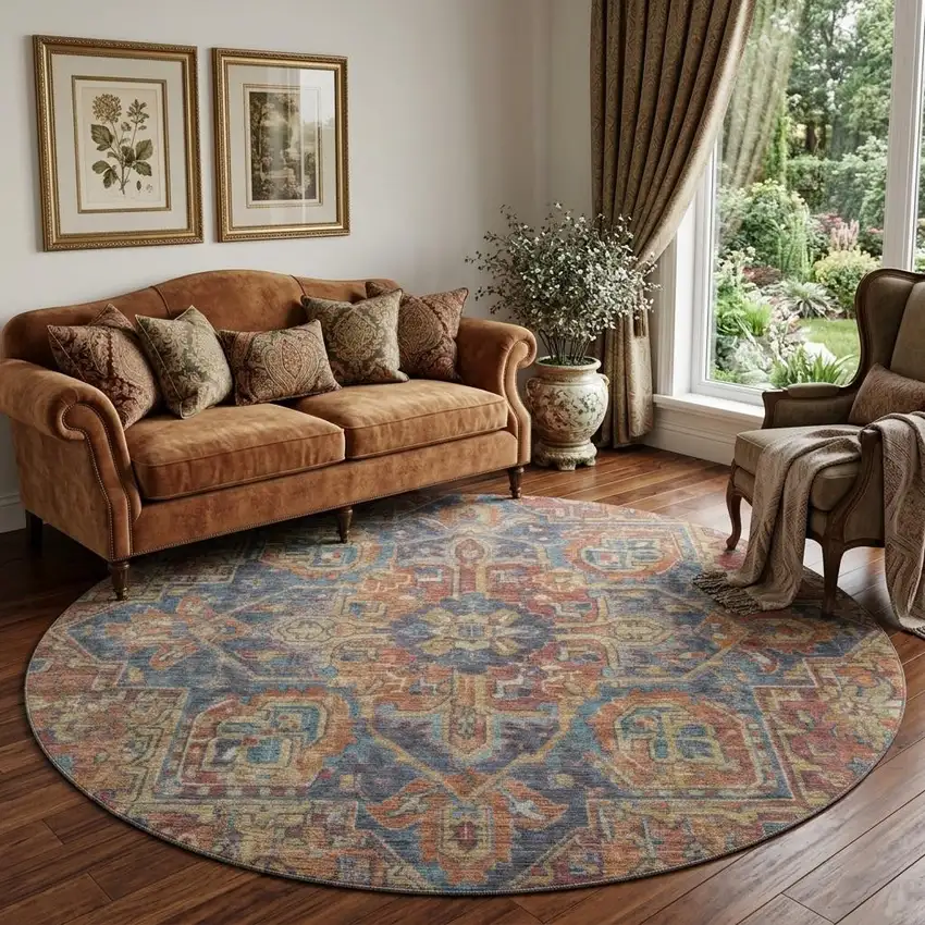8' Red And Blue Medallion Distressed Washable Round Rug With UV Protection Photo 1
