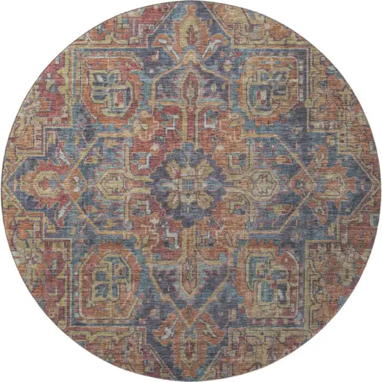 8' Red And Blue Oriental Washable Round Rug With UV Protection Photo 4