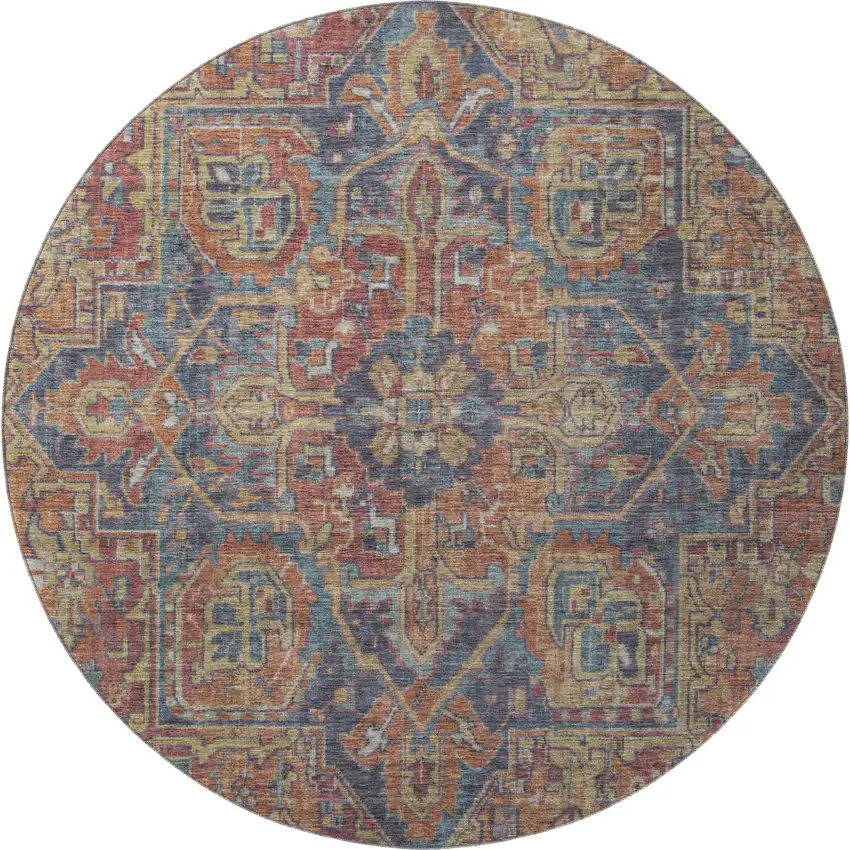 8' Red And Blue Oriental Washable Round Rug With UV Protection Photo 4