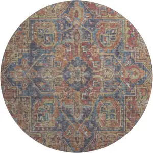 Photo of 8' Red And Blue Oriental Washable Round Rug With UV Protection