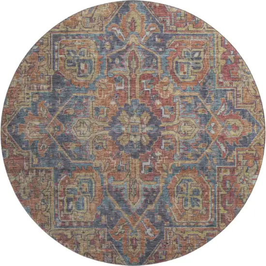 8' Red And Blue Oriental Washable Round Rug With UV Protection Photo 1