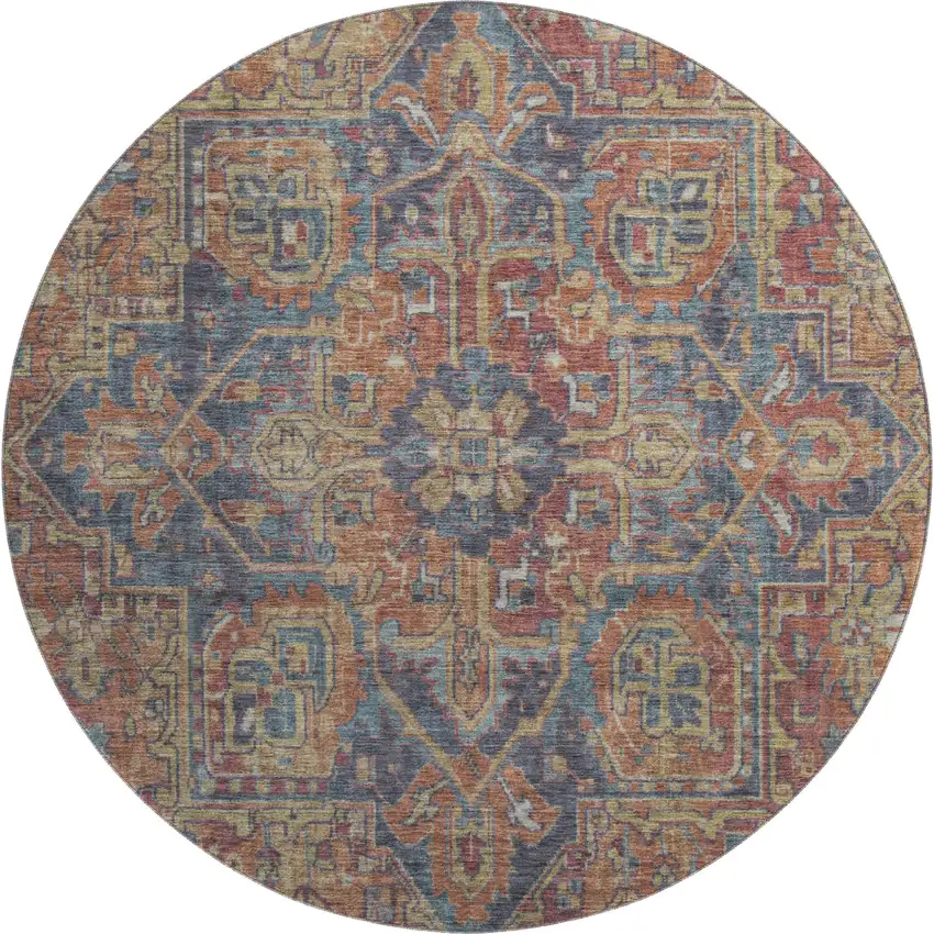 8' Red And Blue Oriental Washable Round Rug With UV Protection Photo 1