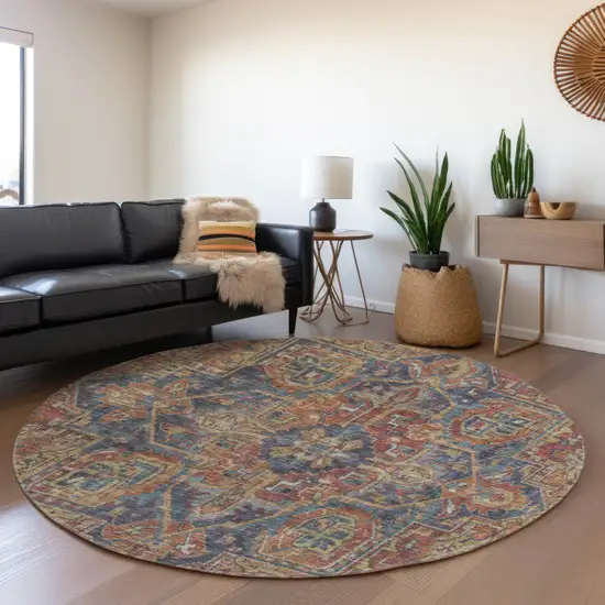 8' Red And Blue Oriental Washable Round Rug With UV Protection Photo 5