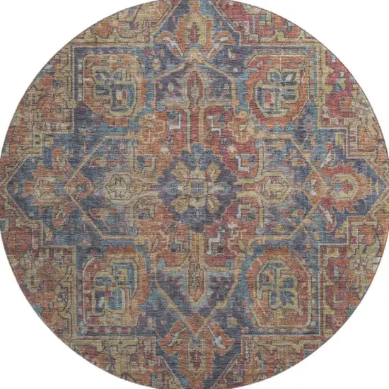 8' Red And Blue Oriental Washable Round Rug With UV Protection Photo 3