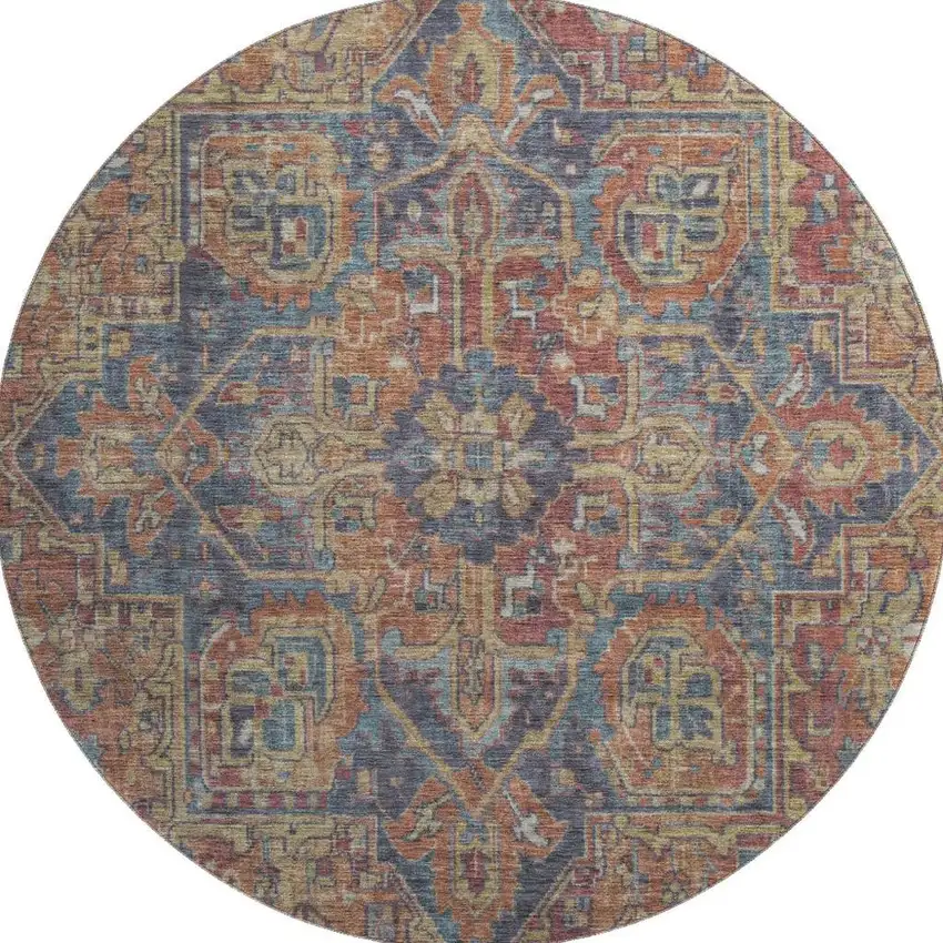 8' Red And Blue Oriental Washable Round Rug With UV Protection Photo 3