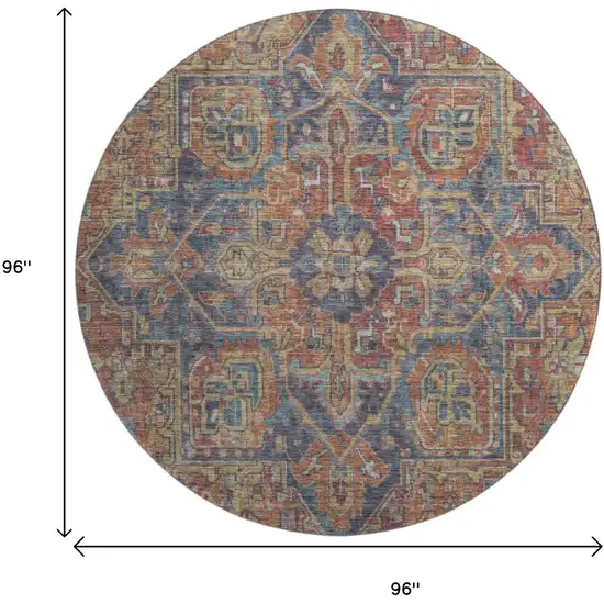 8' Red And Blue Medallion Distressed Washable Round Rug With UV Protection Photo 9