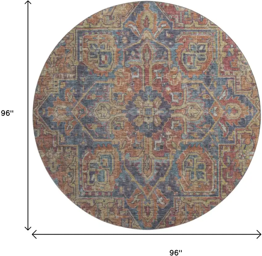 8' Red And Blue Medallion Distressed Washable Round Rug With UV Protection Photo 9